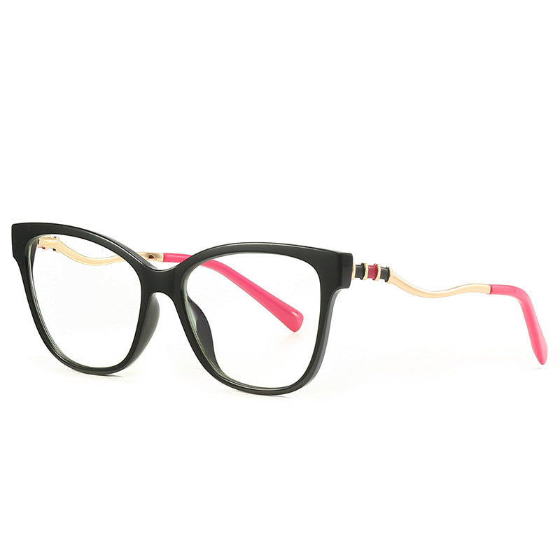 Serpentine Temple Cat Eye Spring Hinge Blue Light Blocking Glasses in Glossy Black with Gold Serpentine Temples and Hot Pink Tips