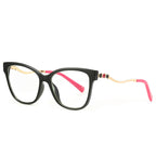 Serpentine Temple Cat Eye Spring Hinge Blue Light Blocking Glasses in Glossy Black with Gold Serpentine Temples and Hot Pink Tips