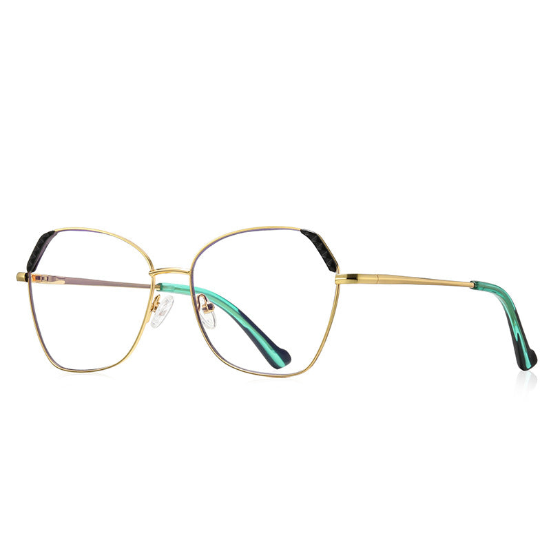 Fluted Corner Metal Butterfly Spring Hinge Blue Light Blocking Glasses in Polished Gold and Black with Green Tips