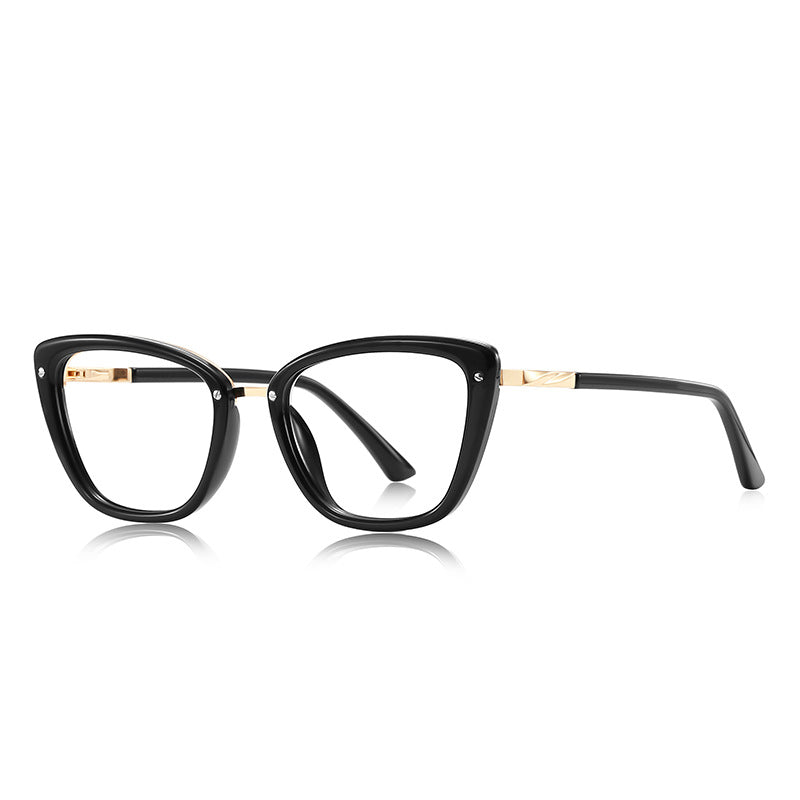 Gold Brow Trim Cat Eye Blue Light Blocking Glasses in Glossy Solid Black