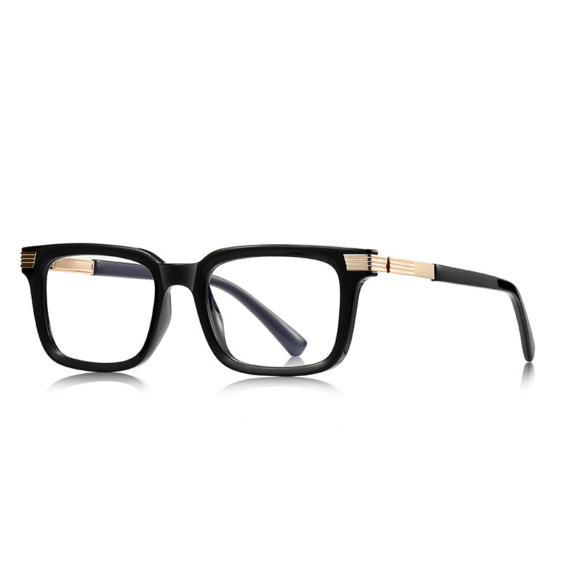Ribbed Bar Square Blue Light Blocking Glasses in Glossy Solid Black with Gold Ribbed Bars