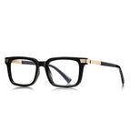 Ribbed Bar Square Blue Light Blocking Glasses in Glossy Solid Black with Gold Ribbed Bars
