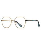 Colorblock Temple Geometric Square Spring Hinge Blue Light Glasses in Gold with Black and Emerald Teal Temples