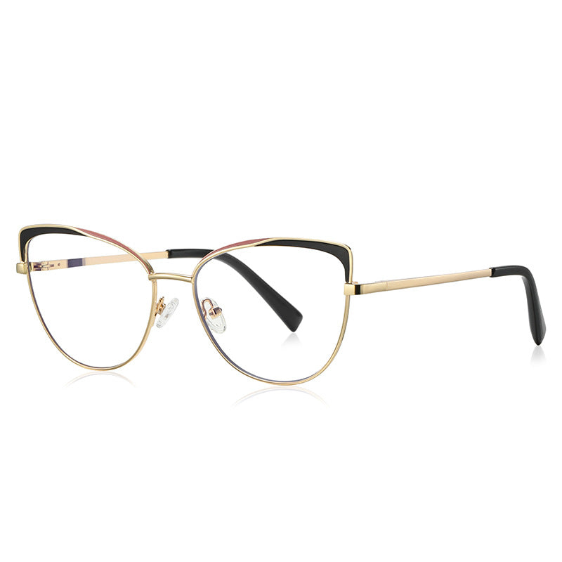 Striped Brow Butterfly Blue Light Blocking Glasses in Gold with Black & Red Striped Brow