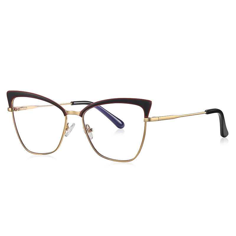 Bicolor Brow Metal Cat Eye Blue Light Blocking Glasses in Gold Metal with Black & Wine Bicolor Brow