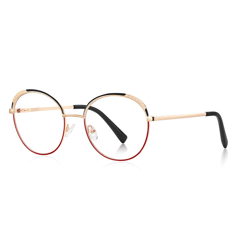 Perforated Brow Round Blue Light Blocking Glasses in Gold with Black & Red Perforated Brow