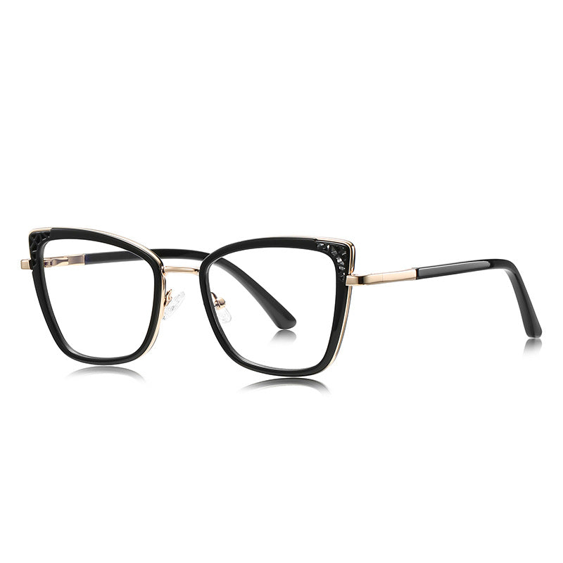 Pavé Corner Cat Eye Blue Light Blocking Glasses in Champagne Nude Crystal with Gold Bridge & Pavé Corners