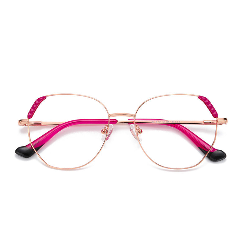 Pyramid Corner Metal Geometric Spring Hinge Blue Light Blocking Glasses in Rose Gold and Magenta with Black Dipped Tips