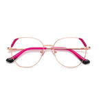 Pyramid Corner Metal Geometric Spring Hinge Blue Light Blocking Glasses in Rose Gold and Magenta with Black Dipped Tips