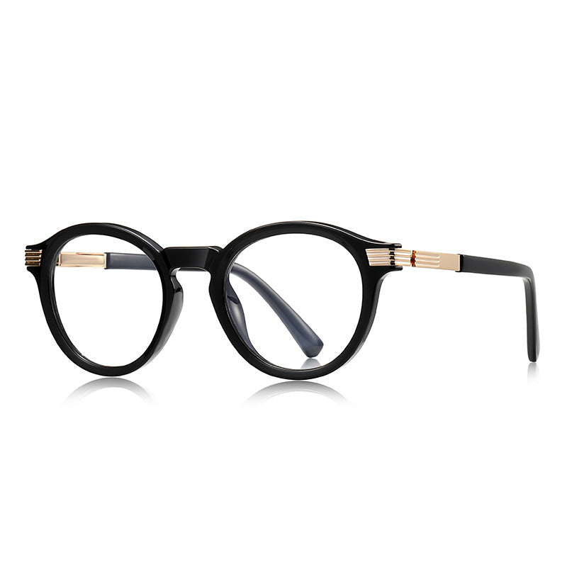 Fluted Hinge Round Blue Light Blocking Glasses in Glossy Solid Black & Gold