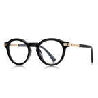 Fluted Hinge Round Blue Light Blocking Glasses in Glossy Solid Black & Gold