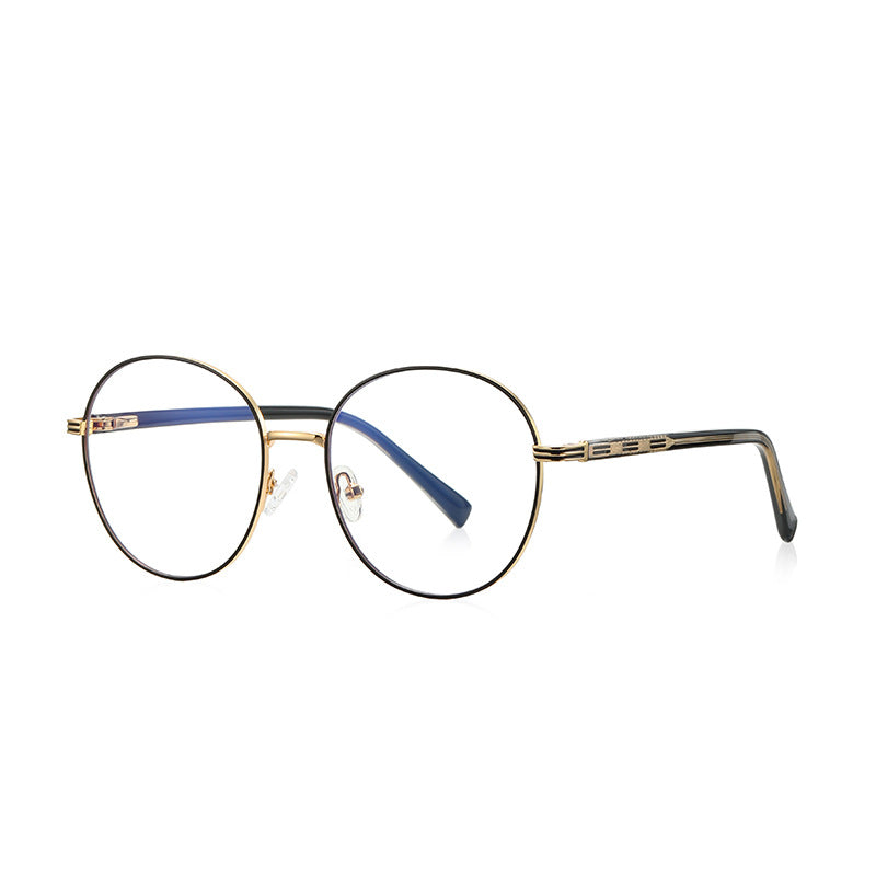 Banded Hinge Metal Round Blue Light Blocking Glasses in Gold with Black Enamel Rim