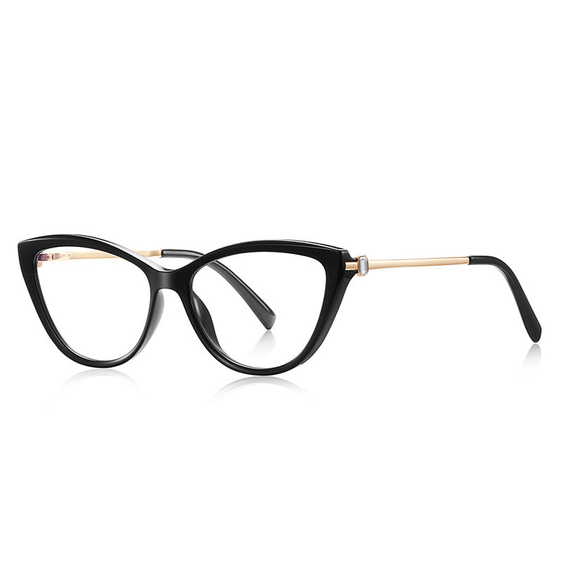 Baguette Crystal Cat Eye Blue Light Blocking Glasses in Glossy Solid Black