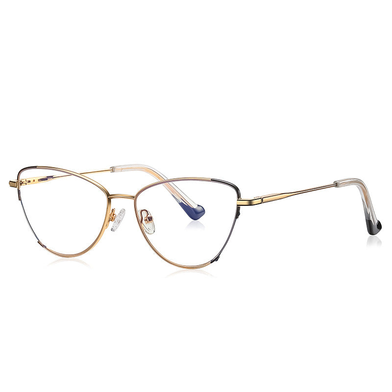 Dipped Tip Metal Cat Eye Spring Hinge Blue Light Blocking Glasses in Gold & Black with Blue Accent Tips