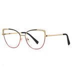 Eyelet Brow Metal Cat Eye Spring Hinge Blue Light Blocking Glasses in Polished Gold with Black Enamel Brow, Cutout Eyelet Wings, and Crimson Gradient Lower Rim
