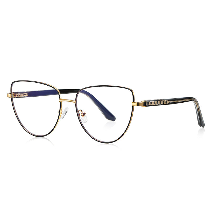 Ladder Temple Metal Cat Eye Blue Light Blocking Glasses in Gold with Black Enamel Rim