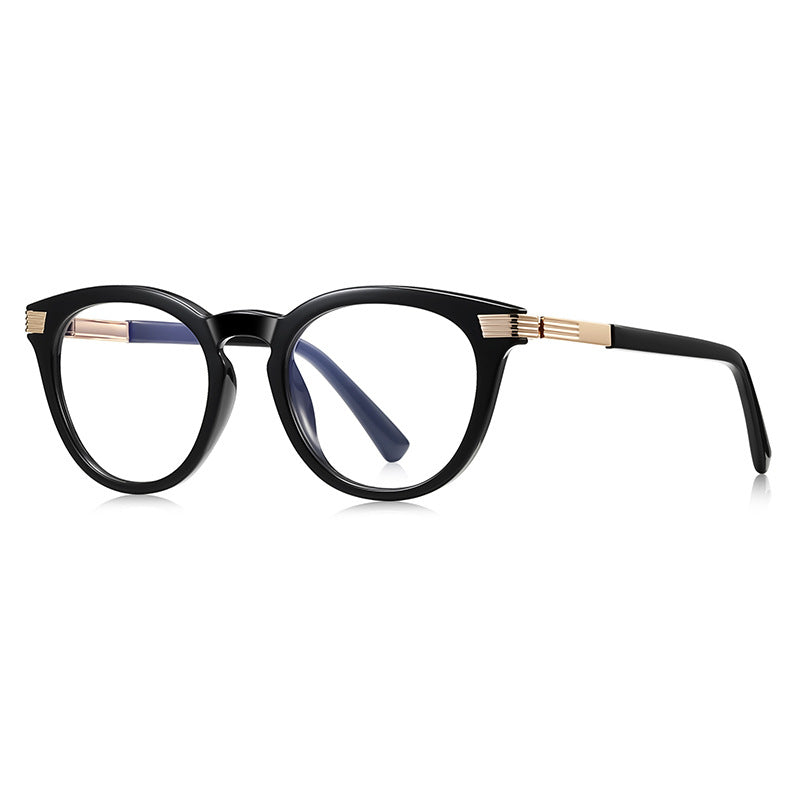 Ribbed Bar Round Blue Light Blocking Glasses in Polished Solid Black with Gold Ribbed Bar Accents