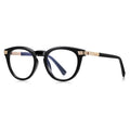 Ribbed Bar Round Blue Light Blocking Glasses in Polished Solid Black with Gold Ribbed Bar Accents