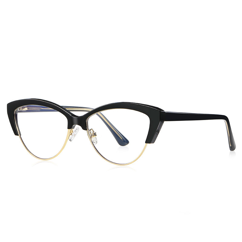 Metal Rim Browline Cat Eye Blue Light Blocking Glasses in Glossy Solid Black & Gold