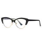 Metal Rim Browline Cat Eye Blue Light Blocking Glasses in Glossy Solid Black & Gold