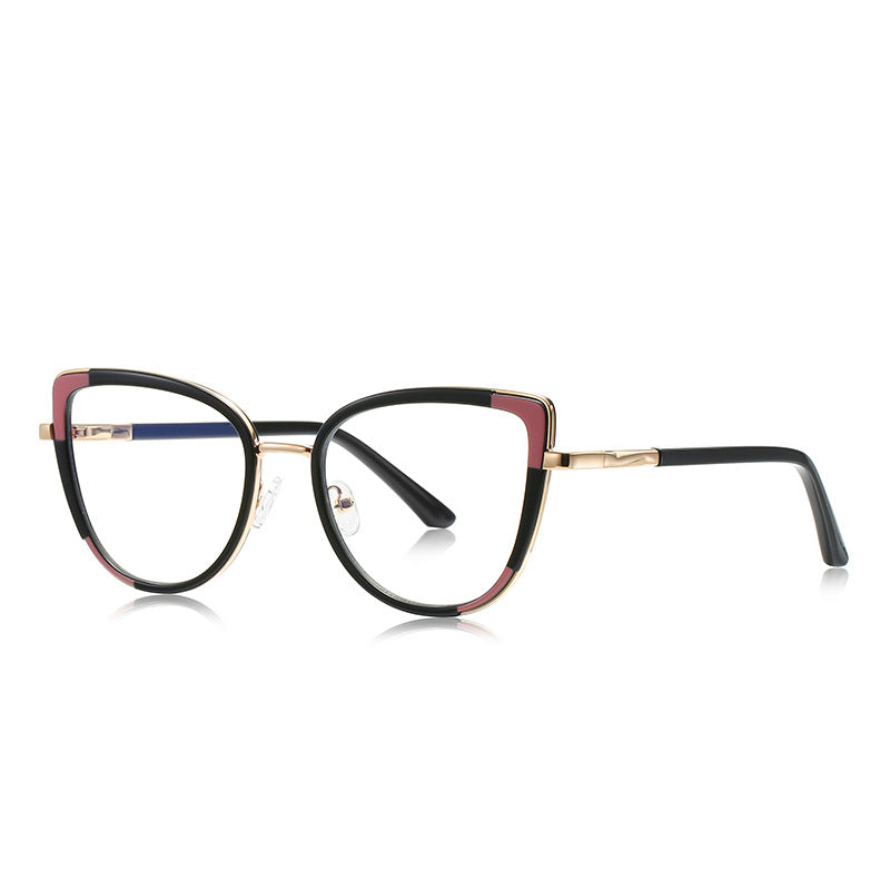 Triangle Accent Cat Eye Blue Light Blocking Glasses in Black &amp; Rose Gold with Coral Pink Triangle Accents
