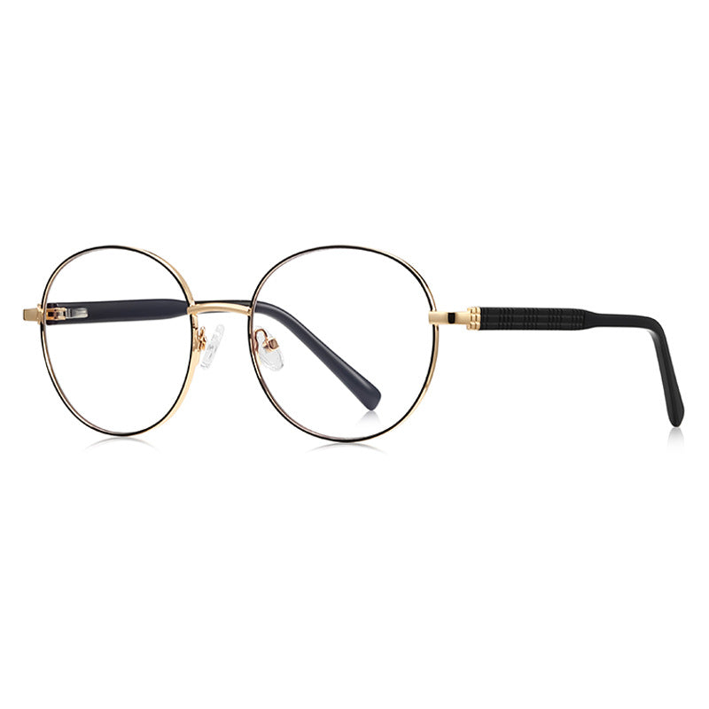 Grid-Texture Metal Round Blue Light Blocking Glasses in Gold with Black Enamel Rim & Black Grid Temples