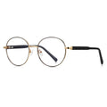 Grid-Texture Metal Round Blue Light Blocking Glasses in Gold with Black Enamel Rim & Black Grid Temples