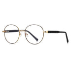 Grid-Texture Metal Round Blue Light Blocking Glasses in Gold with Black Enamel Rim & Black Grid Temples
