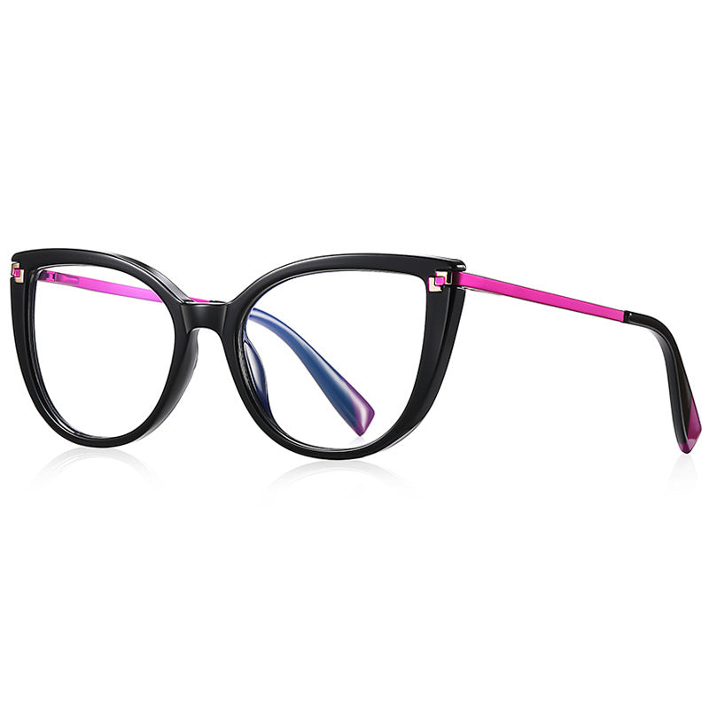 Two-Tone Metal Temple Cat Eye Blue Light Blocking Glasses in Black & Magenta