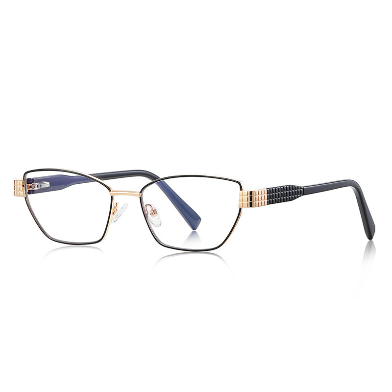 Grid-Texture Metal Cat Eye Blue Light Blocking Glasses in Black & Gold