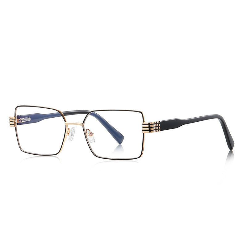Oversized Square Metal Multi-Groove Hinge Blue Light Blocking Glasses in Black Gold