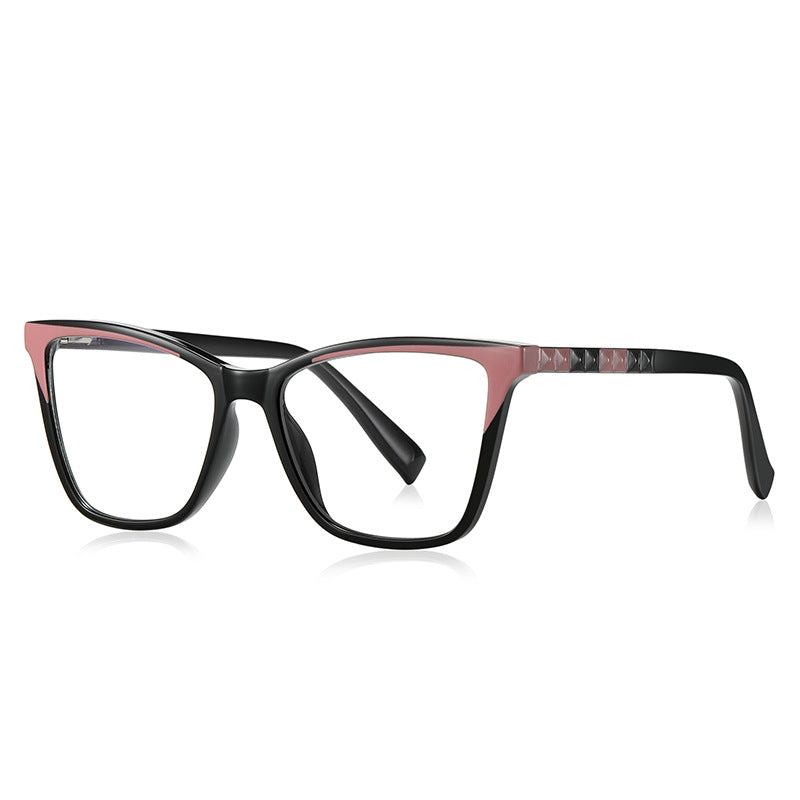 Colorblock Pyramid Stud Cat Eye Blue Light Blocking Glasses in Black with Pink Wingtips