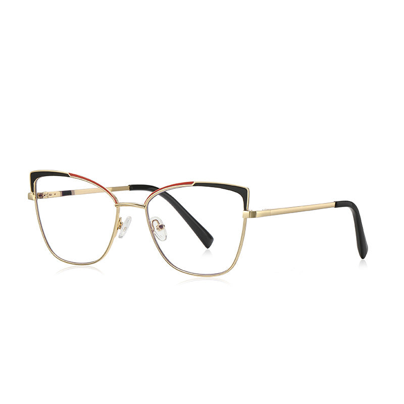 Pinstripe Brow Butterfly Blue Light Blocking Glasses in Gold with Black & Red Brow