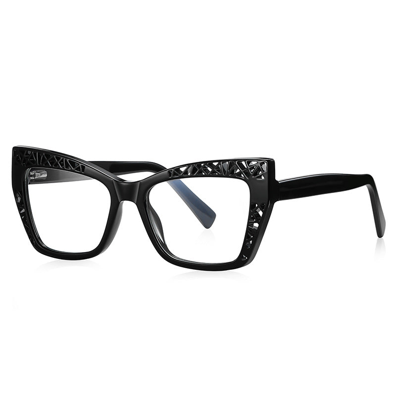 Cutout Lattice Cat Eye Blue Light Blocking Glasses in Glossy Solid Black