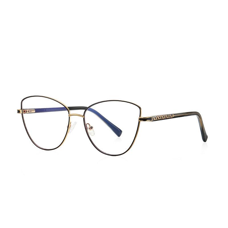Geometric Lattice Metal Cat Eye Spring Hinge Blue Light Blocking Glasses in Polished Gold and Glossy Black