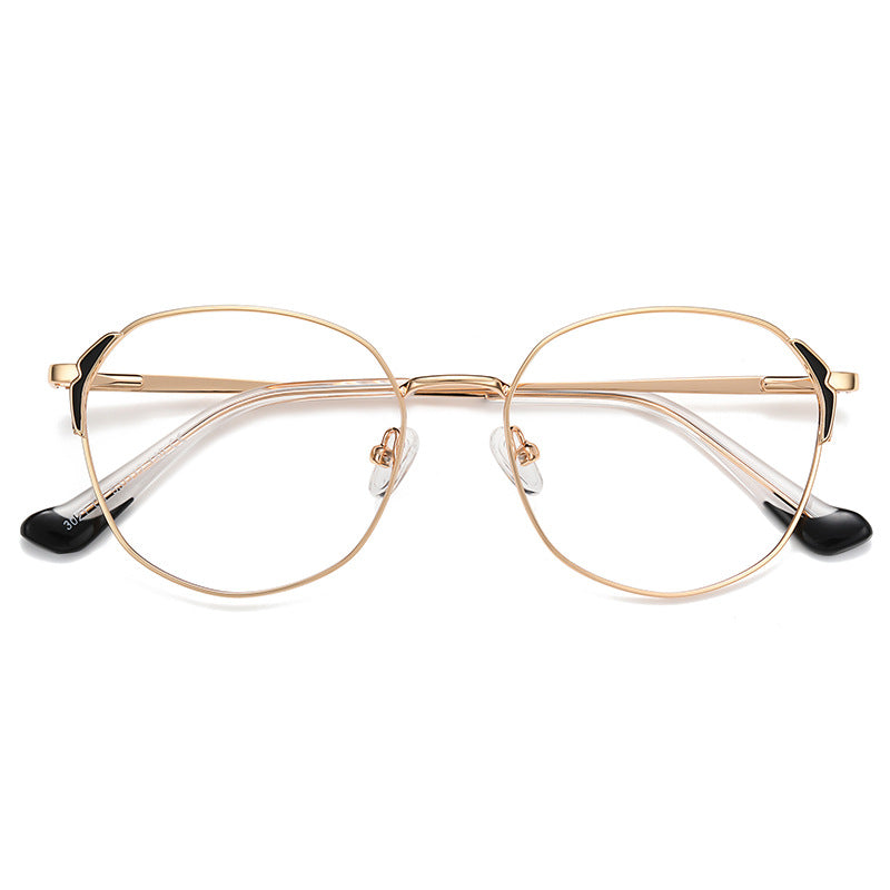 Dipped Tip Metal Round Blue Light Blocking Glasses in Pale Gold Metal with Black Winged Accents & Black Dipped Tips