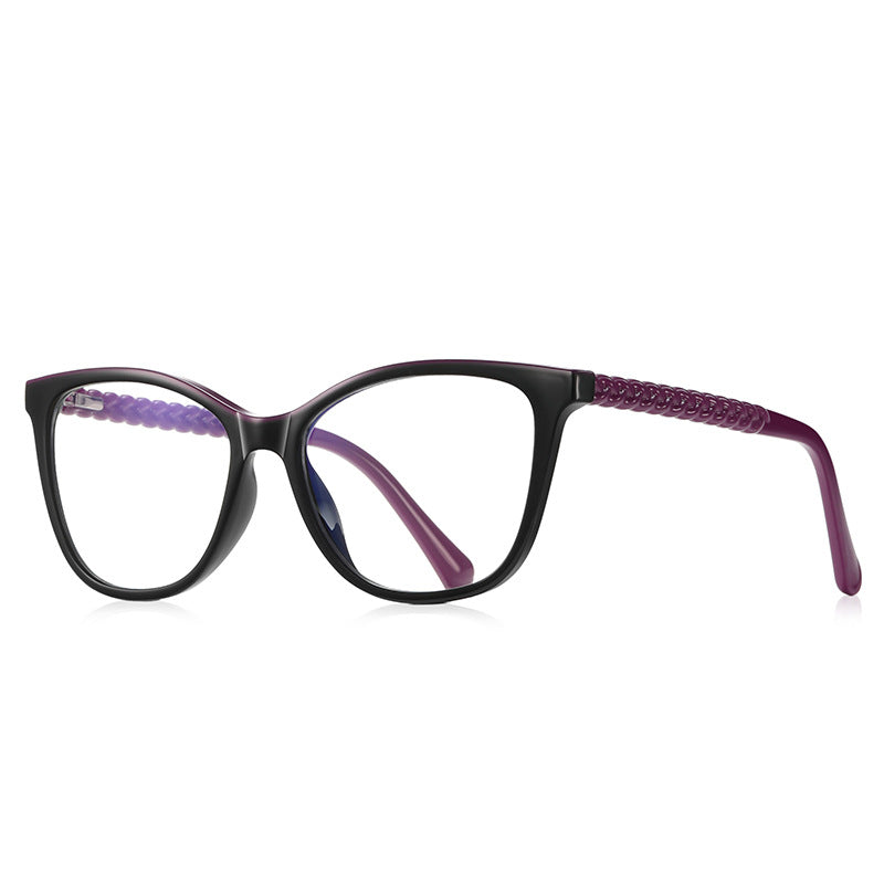 Braided Temple Cat Eye Blue Light Blocking Glasses in Glossy Black with Plum Temples