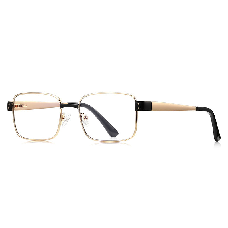 Dual Rivet Metal Rectangle Blue Light Blocking Glasses in Gold with Black Bridge & Endpiece Blocks