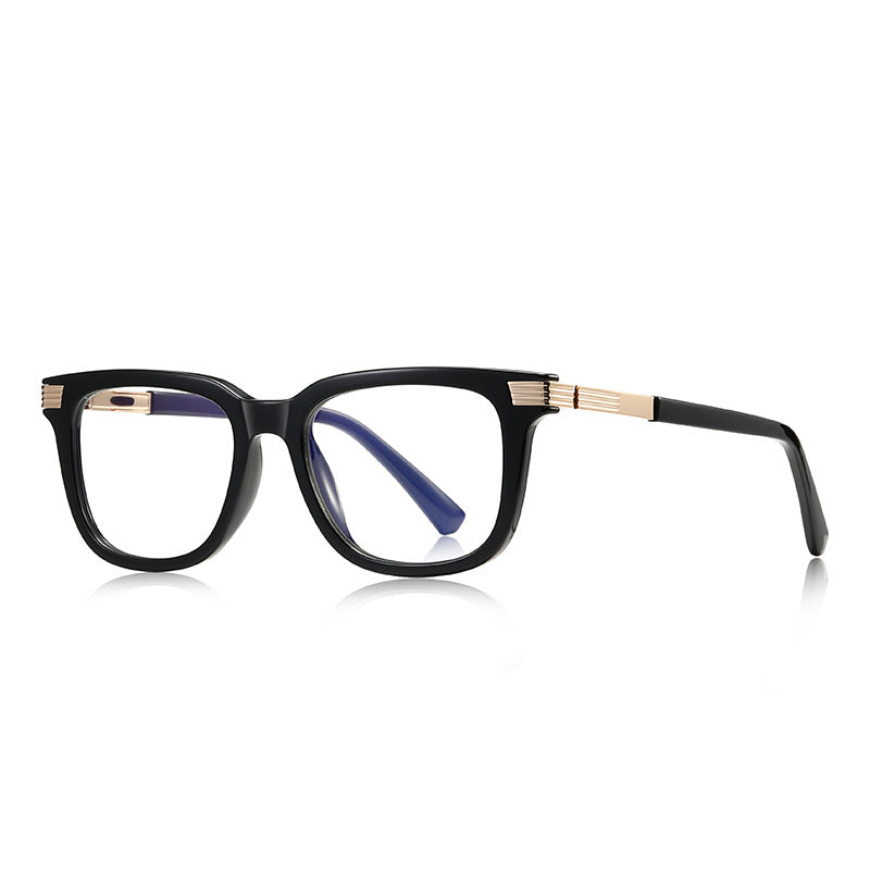 Grooved Bar Square Blue Light Blocking Glasses in Glossy Solid Black with Grooved Gold Bars