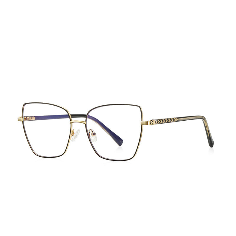 Chevron Band Metal Cat Eye Spring Hinge Blue Light Blocking Glasses in Black with Gold Bridge & Chevron Temples