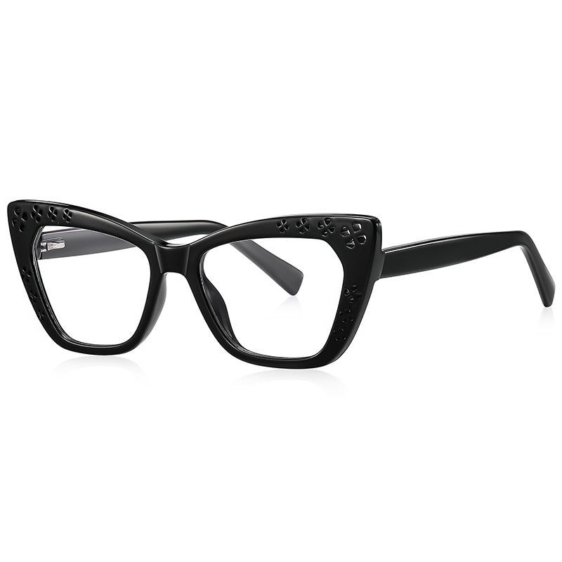 Clover Cutwork Cat Eye Blue Light Blocking Glasses in Glossy Black