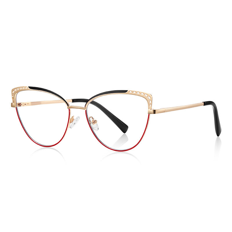 Rhinestone Wing Metal Cat Eye Spring Hinge Blue Light Blocking Glasses in Gold and Black with Red Accent