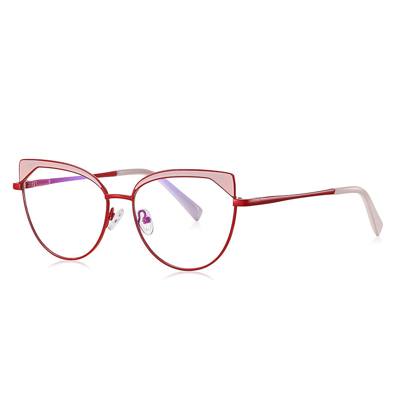 Triangle Wing Metal Cat Eye Blue Light Blocking Glasses in Crimson Red with Pink Triangle Wingtips