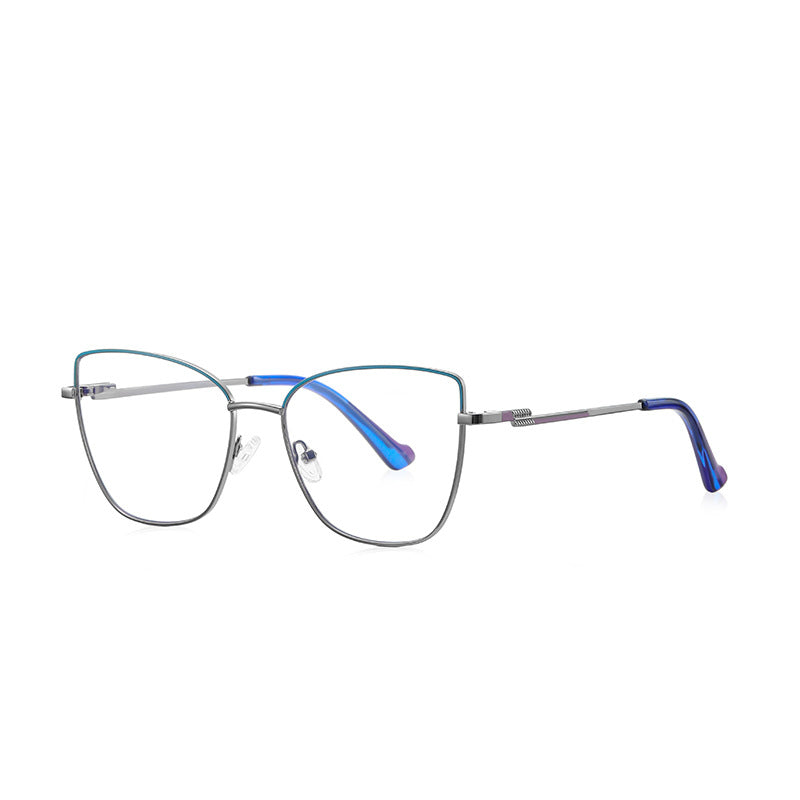 Banded Hinge Metal Butterfly Spring Hinge Blue Light Blocking Glasses in Gunmetal with Teal Green Browline and Blue Tips