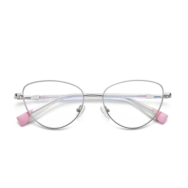 Colorblock Tip Metal Cat Eye Blue Light Blocking Glasses in Silver with Pink Tips