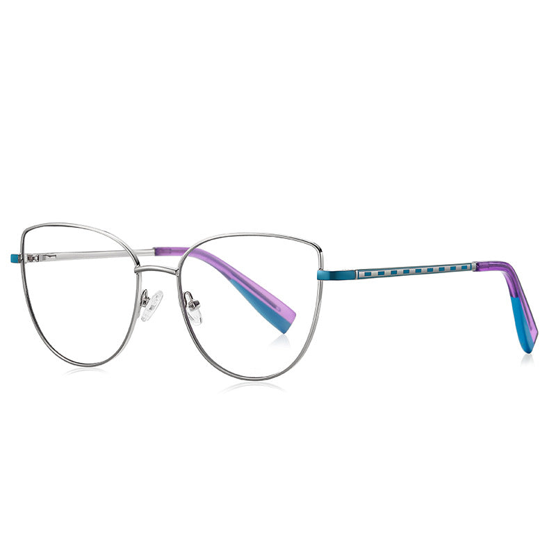 LENSVA Checkered Temple Metal Cat Eye Spring Hinge Glasses in Silver & Teal / Purple
