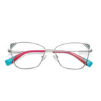 Striped Corner Metal Butterfly Spring Hinge Blue Light Blocking Glasses in Polished Silver with Red & Green Striped Corners and Hot Pink & Turquoise Tips
