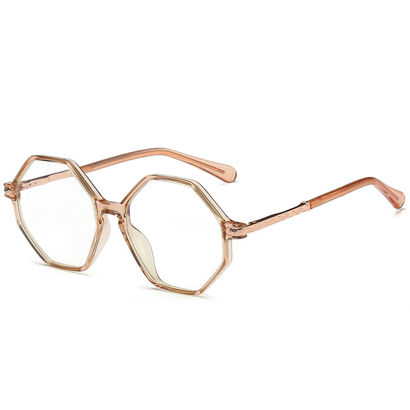 Geometric Octagon Spring Hinge Blue Light Blocking Glasses in Translucent Champagne Amber with Gold Temples