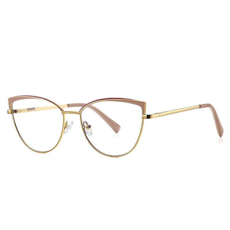 Two-Tone Brow Metal Cat Eye Blue Light Blocking Glasses in Nude & Brown