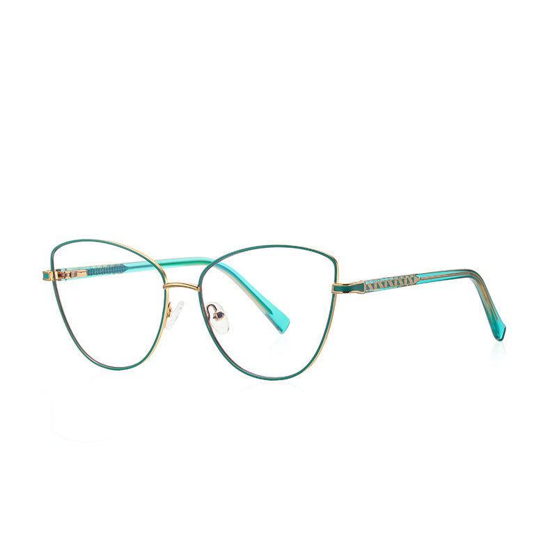 Geometric Lattice Metal Cat Eye Spring Hinge Blue Light Blocking Glasses in Polished Gold and Emerald Green